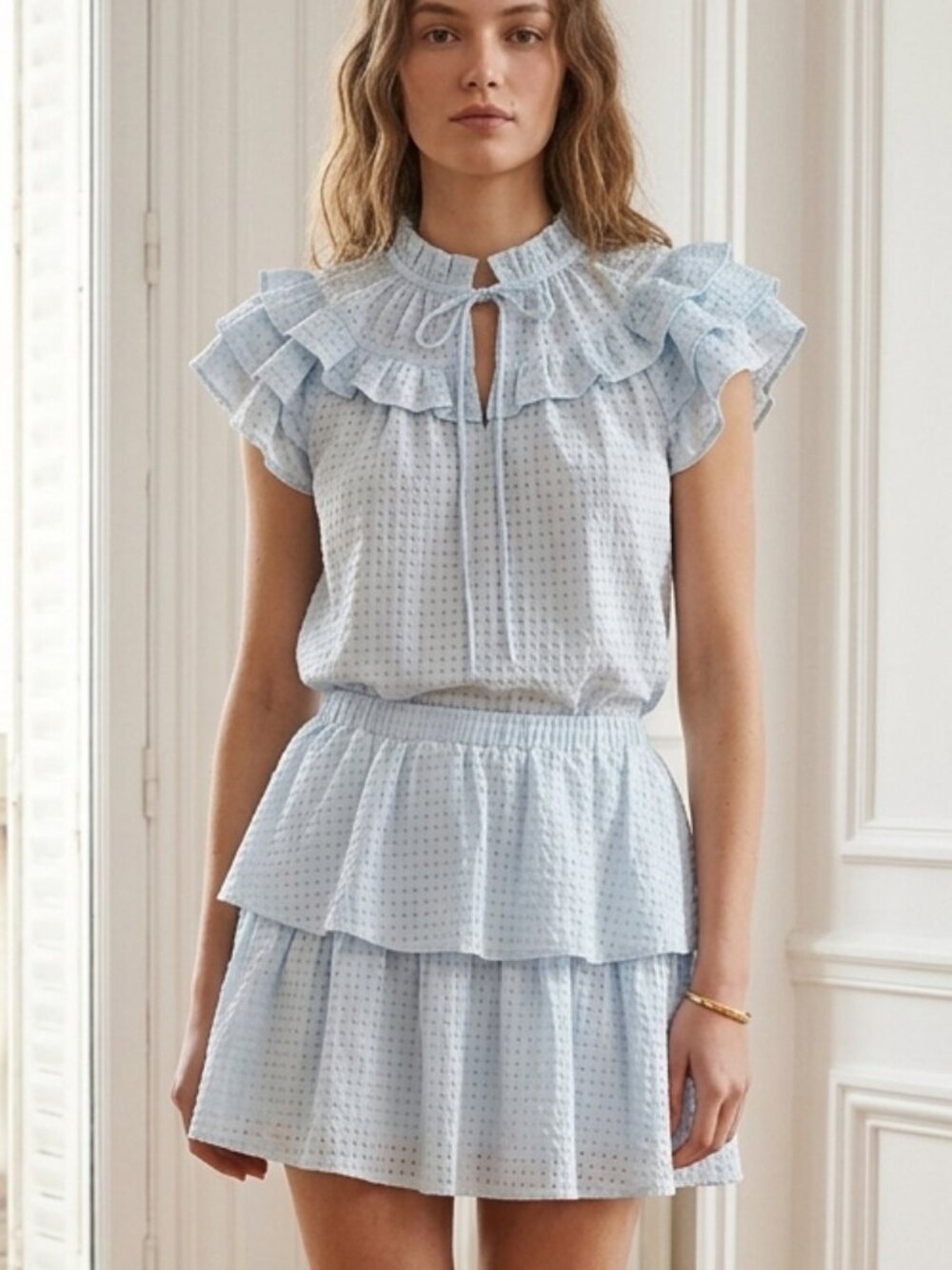 NWT Meet Me In Santorini Light Blue Ruffle Eyelet Two-Piece Skirt & Top Set Smal